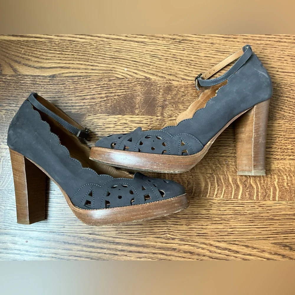 Hobbs London suede Leather heels Italy Coquette scallop romantic garden party 39